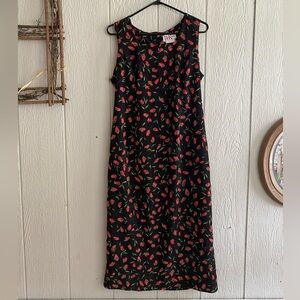 Vintage Y2K R&K Original Women Black Red Floral Tulip Sleeveless MIDI Dress 12P